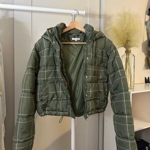 Green Plaid Hooded Puffer Jacket